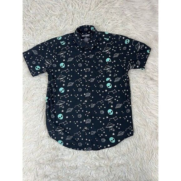 Hot Topic Shirt Men's Small Alien All Over Print Space UFO Constellation Camp - Picture 1 of 9